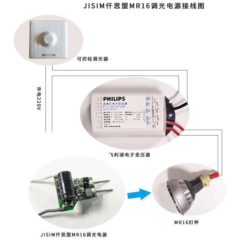12V MR16调光电源兼容电子变压器和调光控制系统接线图